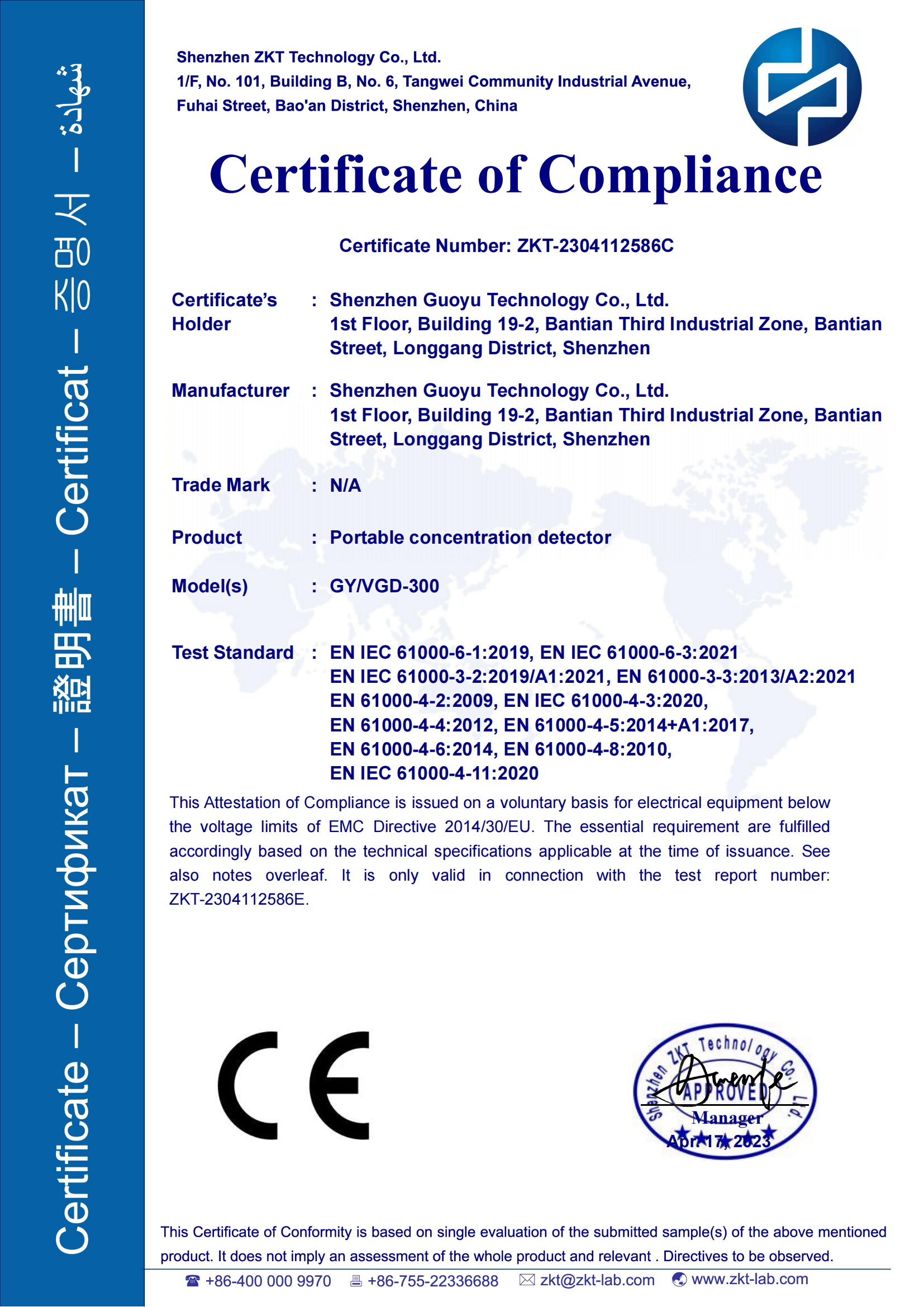 Portable concentration detector CE certificate of compliance
